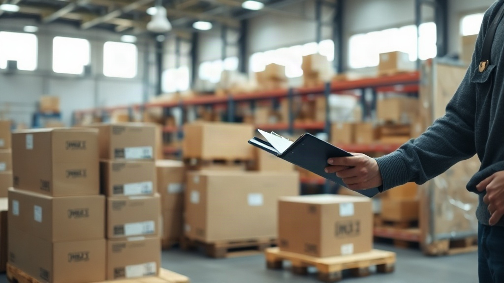 warehouse interior with stacked cardboard shipping boxes on wooden pallets, a worker's hand checking a clipboard in