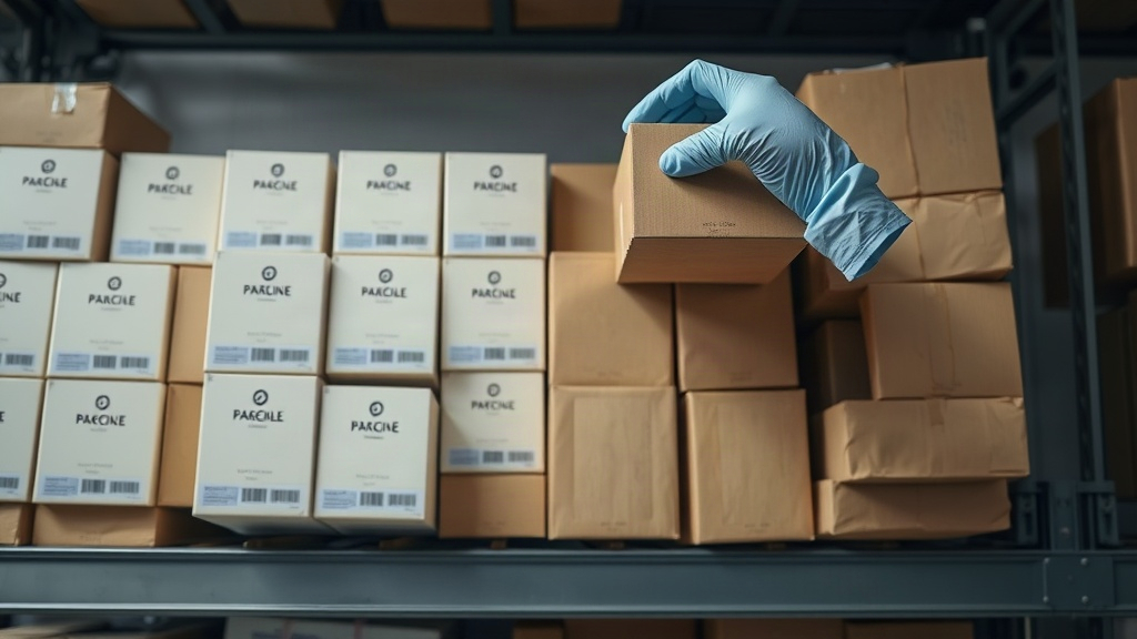 overhead flat lay photograph of sealed perfume retail boxes stacked neatly on a warehouse shelf, a hand in a nitrile glo