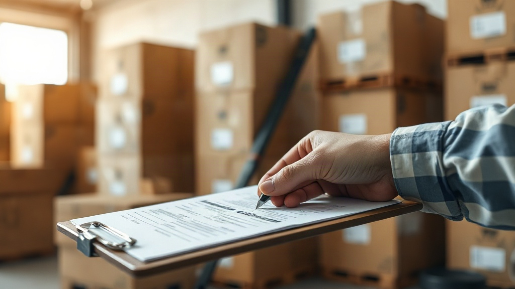 close-up of a hand signing a shipping and customs document on a clipboard, cardboard shipping boxes stacked in the backg