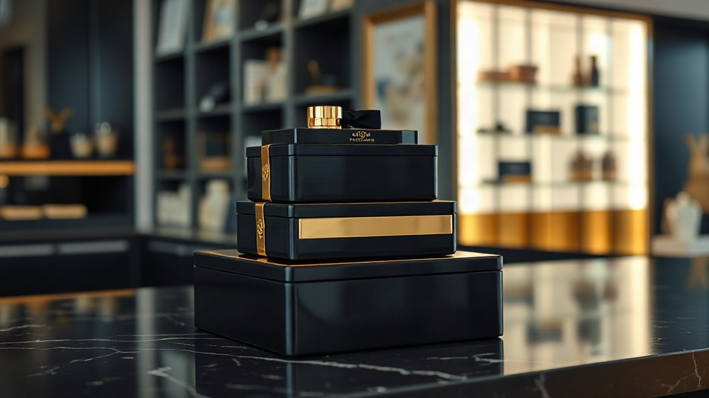 elegant stacked black and gold perfume packaging boxes on a dark marble counter, soft studio lighting, luxury retail dis