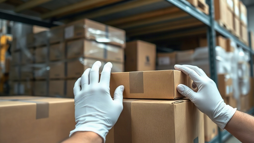 close-up of hands in cotton gloves organizing sealed cardboard shipping boxes on a warehouse shelf, wooden pallet with s