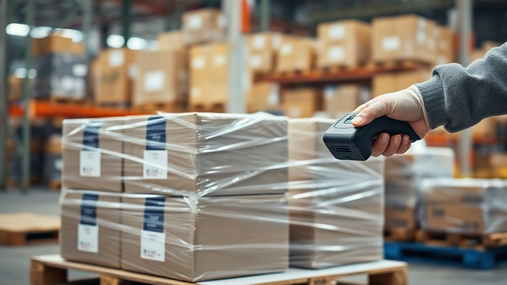 stacked sealed perfume shipping cartons wrapped in clear plastic film on a warehouse pallet, a worker's hand scanni