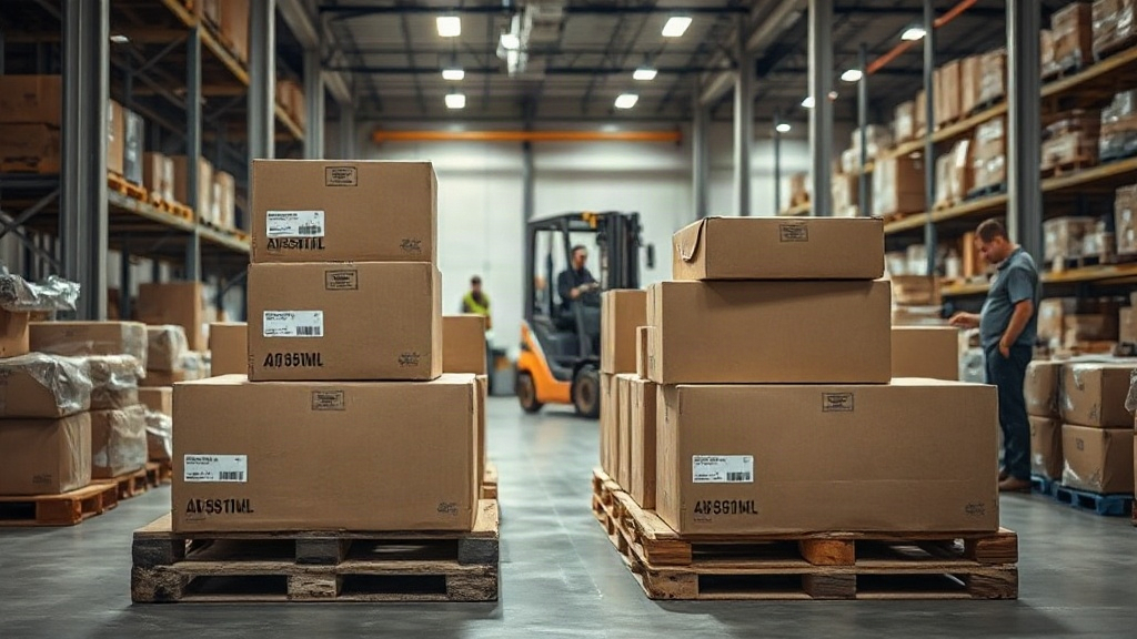 warehouse interior with stacked cardboard shipping boxes on wooden pallets, a forklift in the background, workers checki