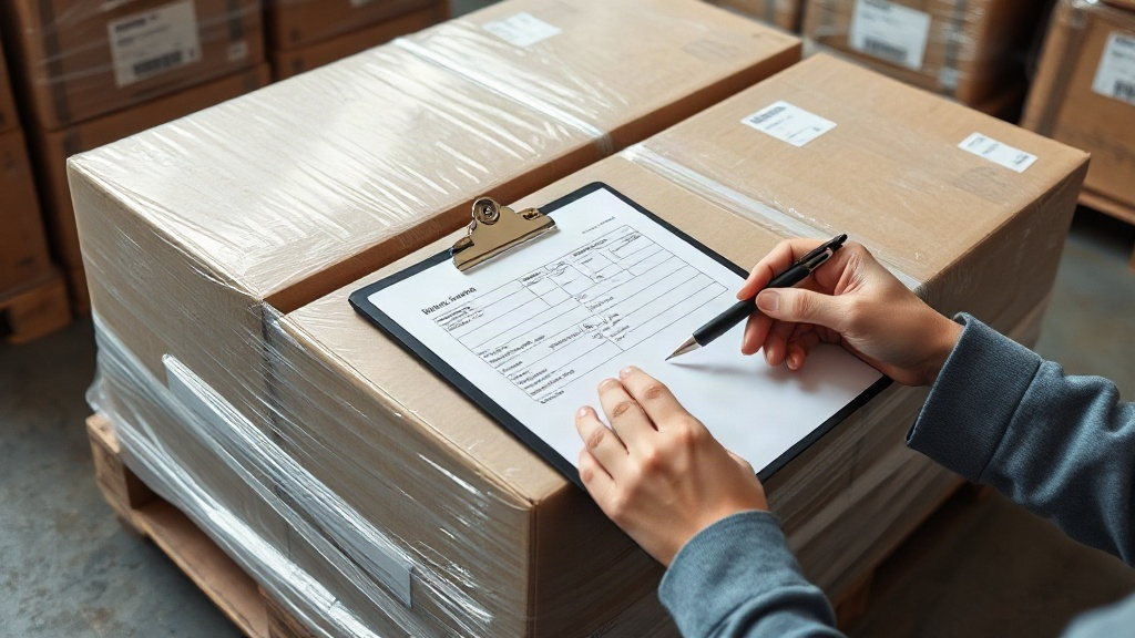 Photograph of sealed export cargo boxes on a warehouse pallet wrapped in stretch film, a customs shipping manifest and c