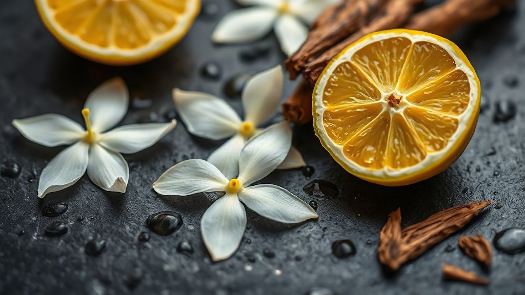 close-up macro photograph of fresh bergamot citrus fruit halves, jasmine flowers, and sandalwood bark arranged on a dark