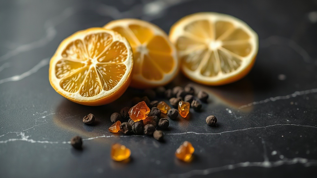 close-up studio shot of raw perfumery ingredients arranged on a dark polished marble surface, fresh bergamot citrus halv