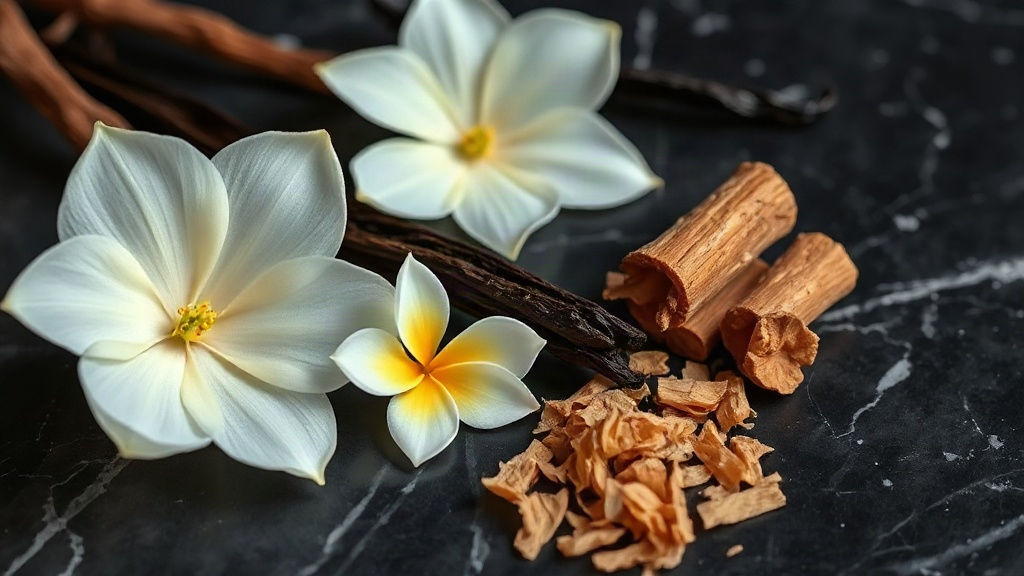 Close-up still life of perfumery raw materials for a floral-oriental fragrance — fresh tuberose and jasmine blossoms, va