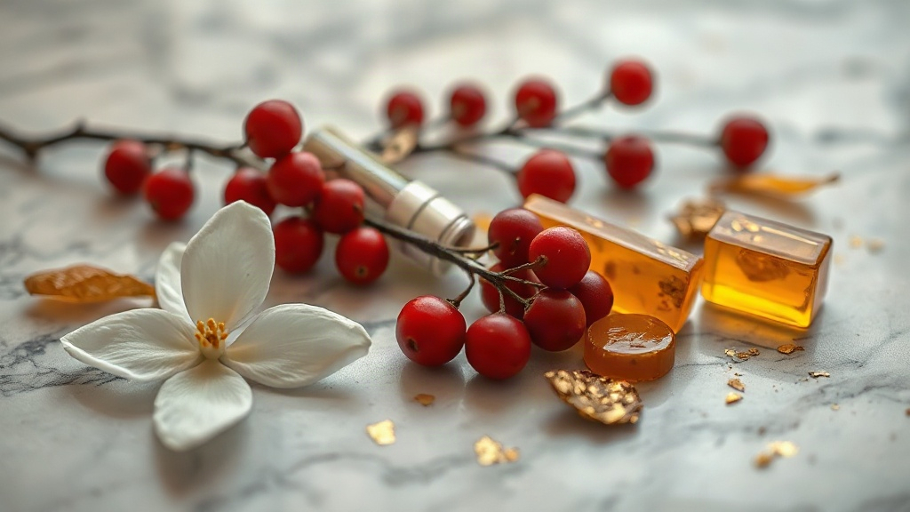Close-up flat lay on a polished marble surface of white jasmine blossoms, fresh red berries, amber resin chunks and gold