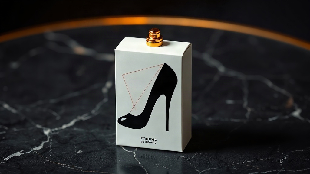 elegant studio product photography of a women's perfume box with a stylized black stiletto heel graphic on the pack