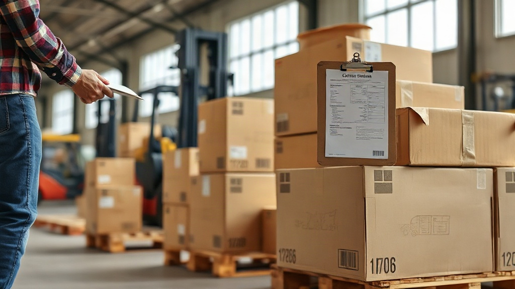 warehouse interior with stacked cardboard shipping boxes on wooden pallets, a worker's hand holding a clipboard wit