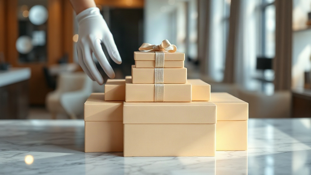 elegant closed luxury perfume gift boxes stacked on a polished marble display counter, soft studio lighting, hands in wh