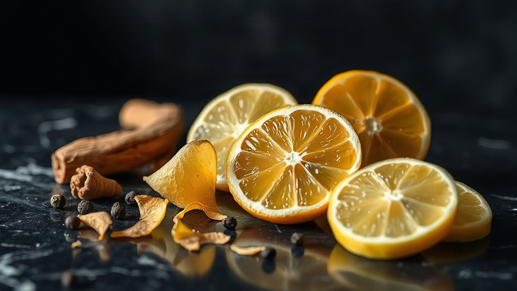 Close-up still life of fresh bergamot halves, citrus zest, cedarwood shavings and black pepper arranged on a dark polish