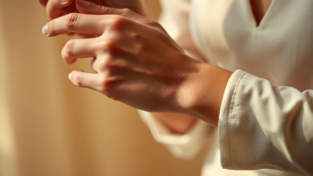 close-up photo of a woman's wrist and hand with delicate jewelry, applying perfume by gently pressing fingers to th