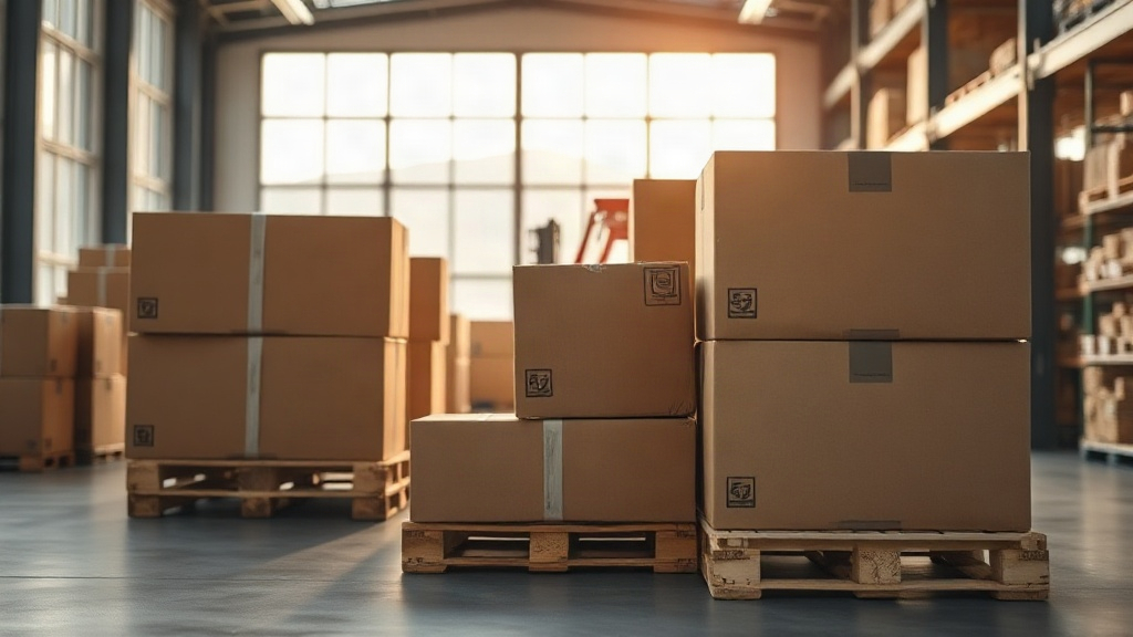 wooden pallets stacked with sealed cardboard shipping boxes in a bright organized logistics warehouse, forklift silhouet