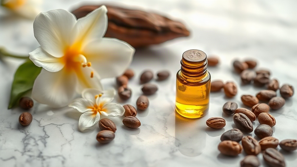 close-up product photography of fresh tuberose and jasmine flowers scattered next to cacao beans and a small amber essen