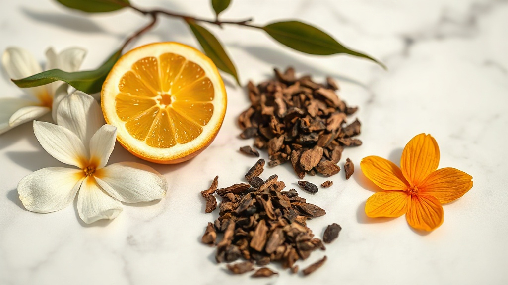 close-up studio photo of raw perfumery ingredients arranged on a white marble surface — fresh jasmine blossoms, bergamot