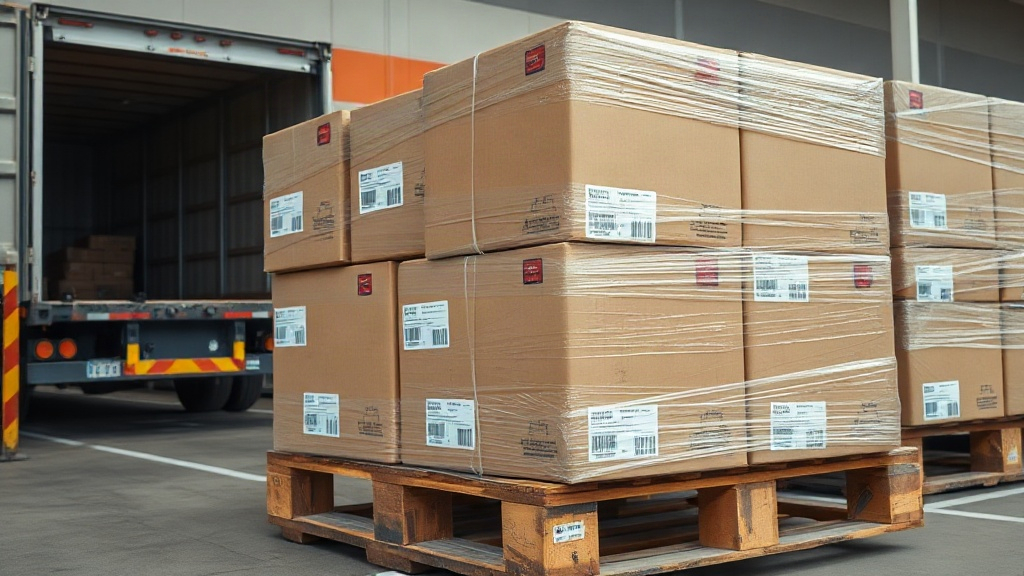 cargo shipping boxes stacked on a pallet at a loading dock, shrink-wrapped with shipping labels, truck loading area, ove