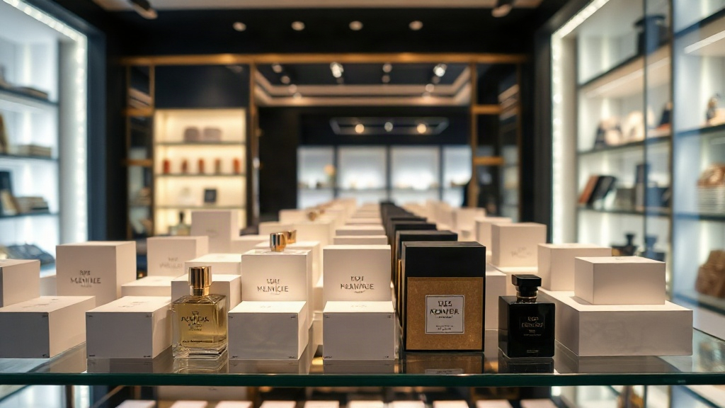 elegant retail display case with rows of luxury perfume boxes arranged on glass shelves, soft boutique lighting, upscale