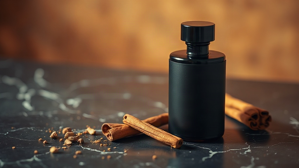 elegant black masculine cologne bottle on a dark marble surface, warm amber lighting, cinnamon sticks and cardamom pods