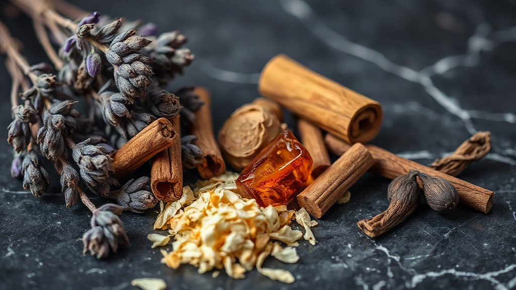 close-up macro photograph of raw perfumery ingredients arranged on a dark marble surface — fresh lavender sprigs, dried 