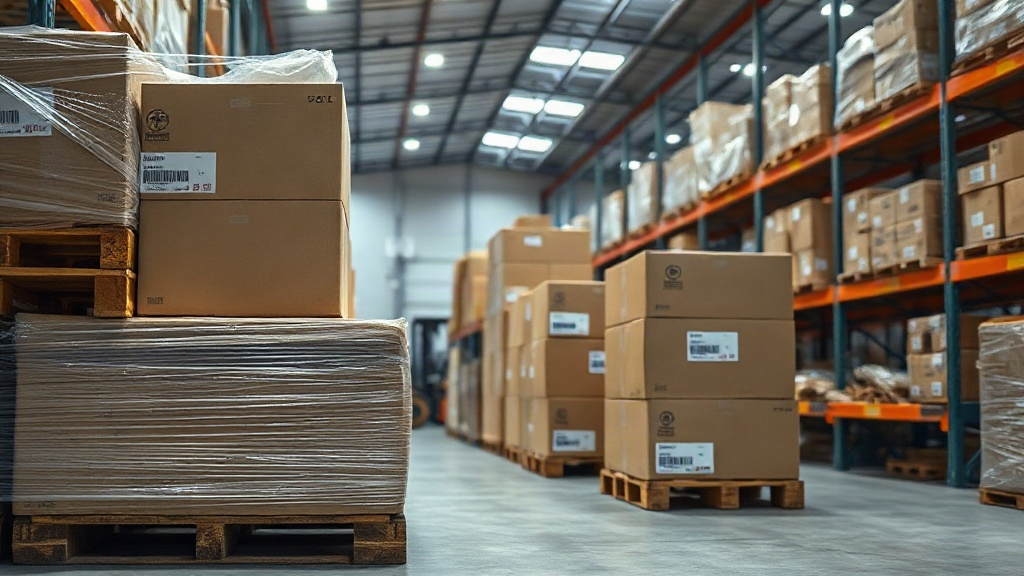 a modern logistics warehouse interior with stacked wooden pallets wrapped in plastic film, labeled cardboard shipping bo