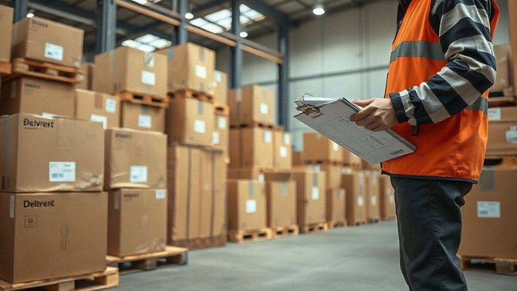 warehouse scene with wooden pallets stacked with sealed cardboard shipping boxes ready for dispatch, a worker's han