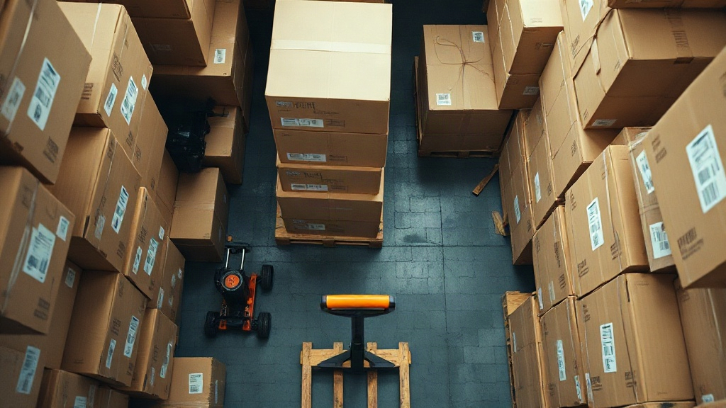 overhead view of a small logistics warehouse with neatly stacked cardboard shipping boxes on wooden pallets, a hand-oper