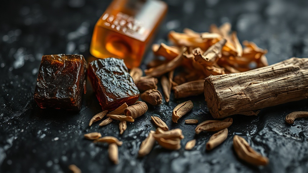 close-up macro shot of raw perfumery ingredients, dark amber resin chunks, cedarwood shavings and vetiver roots arranged