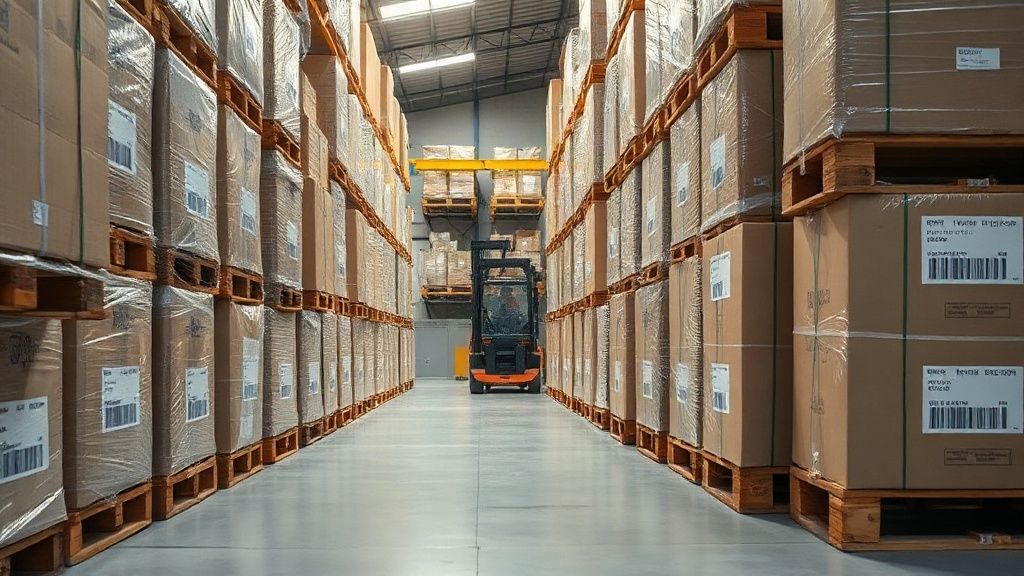 Wide shot of a professional logistics warehouse interior with rows of wrapped wooden pallets stacked with sealed cardboa