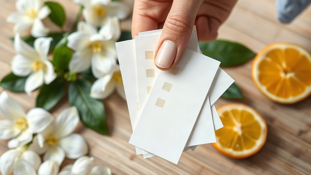close-up of a hand holding several white fragrance testing blotter strips near fresh jasmine flowers and citrus fruit sl