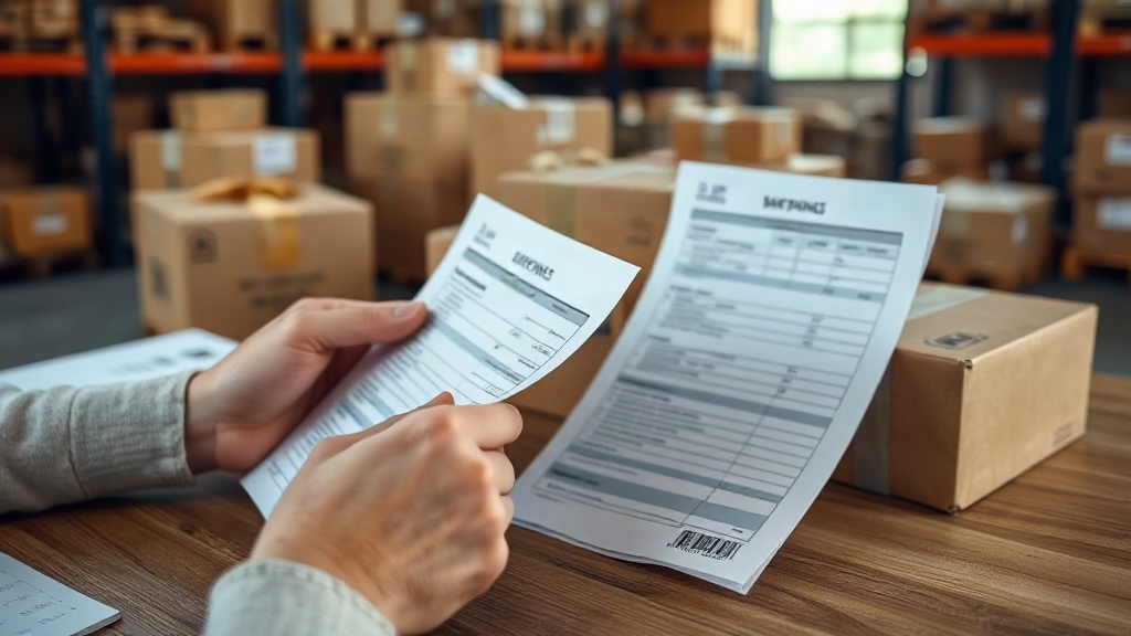 Close-up of hands reviewing customs shipping documents and a packing list next to sealed cardboard boxes on a wooden des