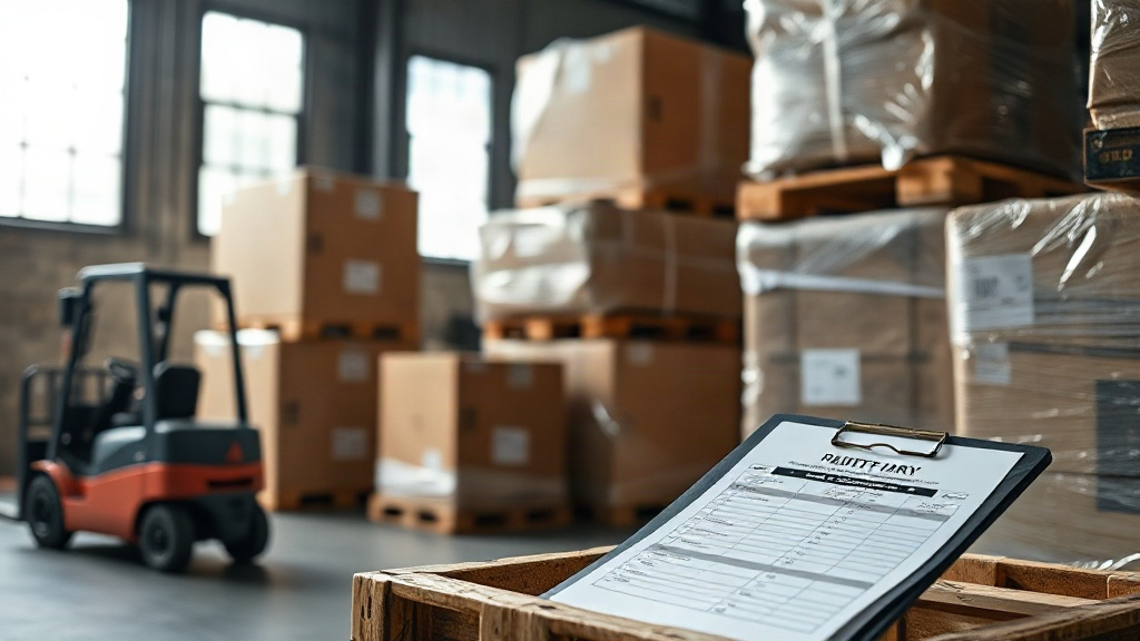 logistics warehouse scene with stacked cargo boxes and wrapped pallets ready for shipment, a clipboard with customs pape