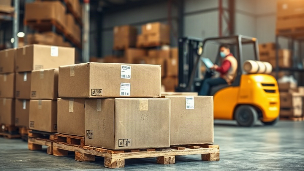 warehouse interior with stacked cardboard shipping boxes on wooden pallets, a worker's hands checking a packing lis