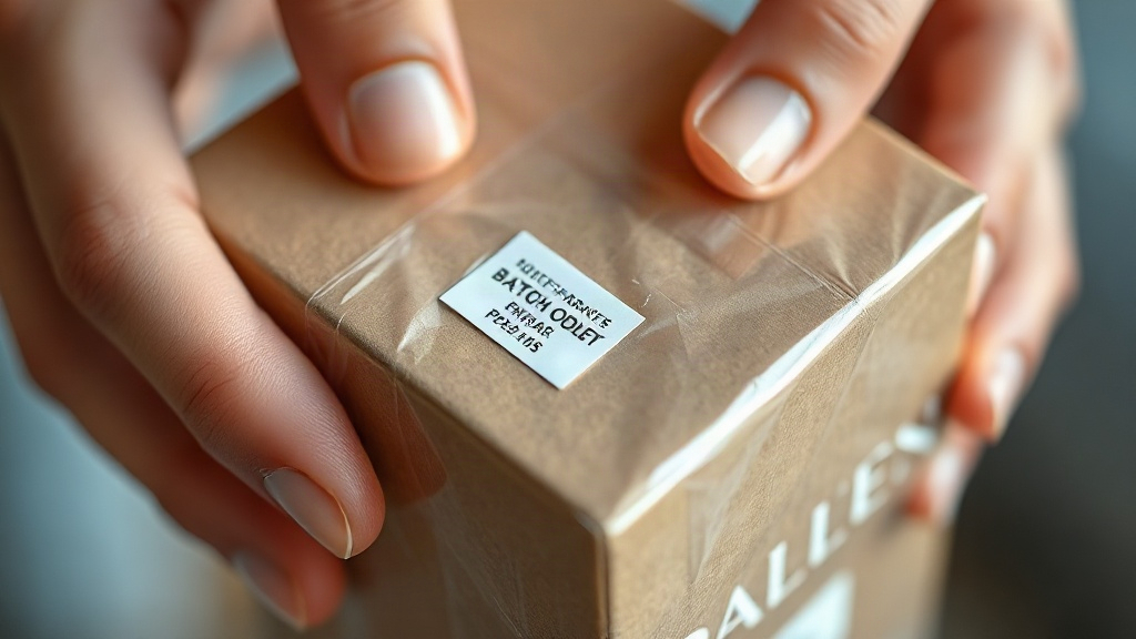 Close-up of hands inspecting a sealed cardboard perfume outer box wrapped in clear cellophane, focusing attention on a s