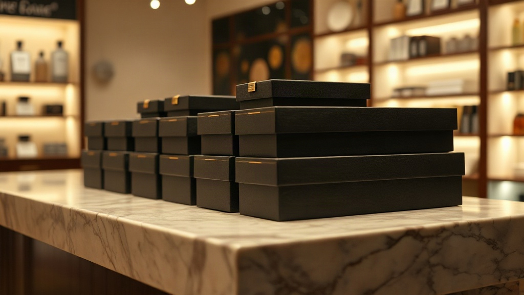 elegant closed perfume gift boxes stacked neatly on a marble counter in a wholesale showroom, warm boutique lighting, pa