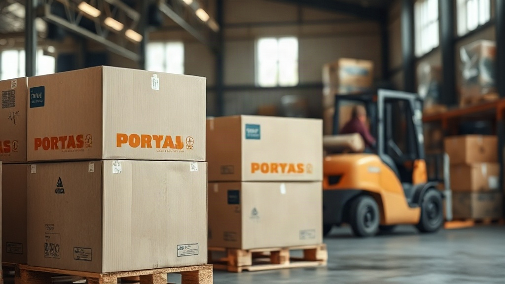 Warehouse scene with stacked wooden pallets of sealed cardboard shipping boxes ready for export, a forklift in soft focu