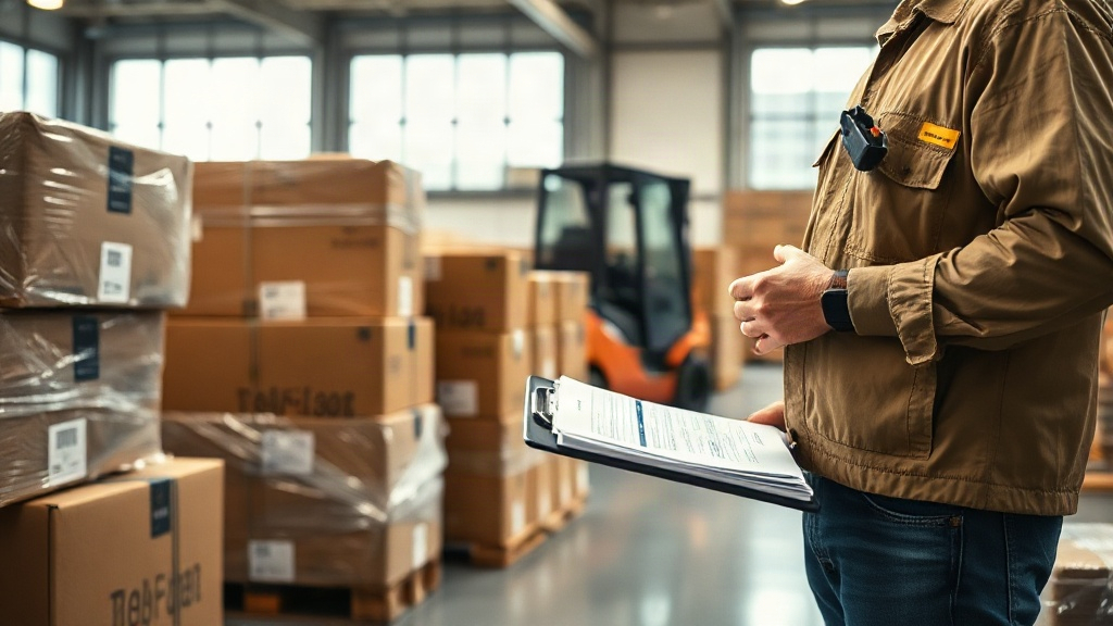 warehouse interior with stacked cardboard shipping cartons and wrapped pallets, a worker's hands checking a deliver