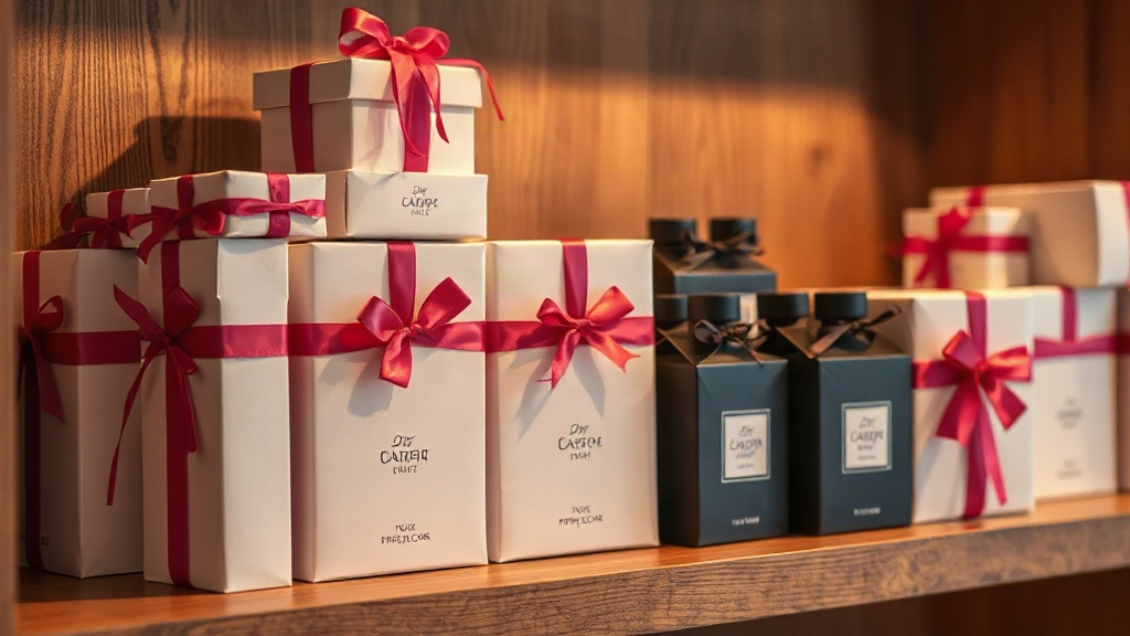 stacked perfume gift boxes and cartons wrapped with ribbons on a wooden shelf, warm boutique lighting, organized retail 