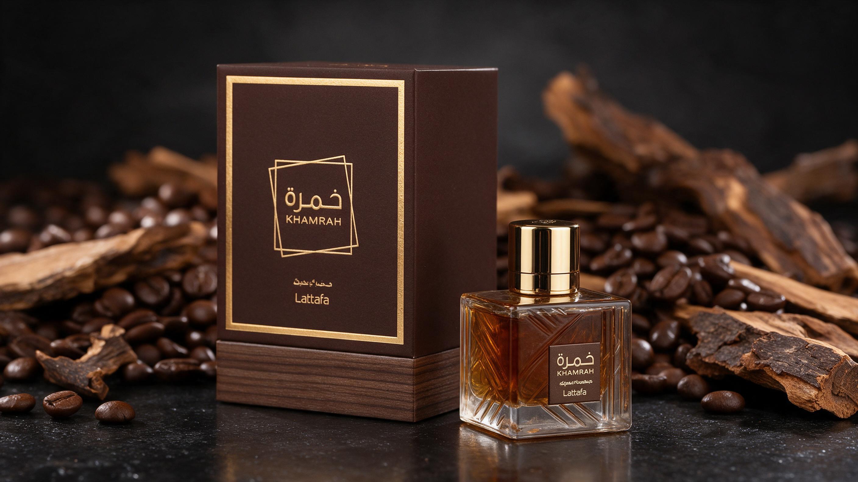 professional studio product photography of an elegant amber-brown perfume bottle with a gold cap, placed on a dark refle