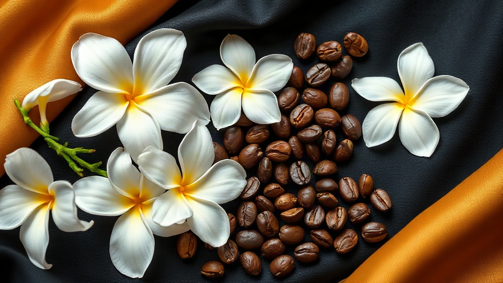 elegant flat-lay of fresh jasmine flowers, tonka beans, and roasted coffee beans arranged on a black and gold fabric sur