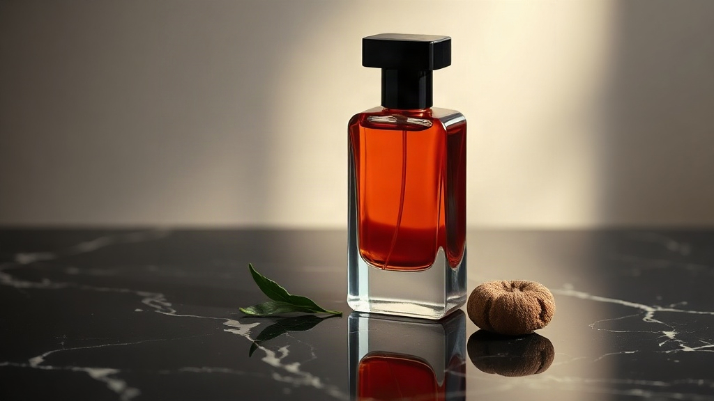 Elegant product photograph of a luxury dark amber glass perfume bottle standing on a polished black marble surface, soft