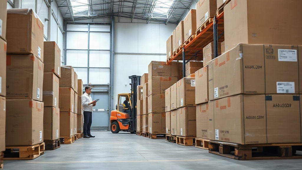 wide interior shot of a modern logistics warehouse with neatly stacked cardboard cargo boxes on wooden pallets, a forkli