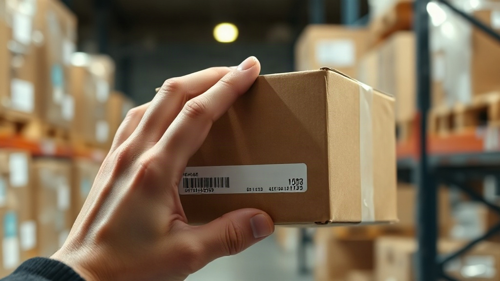 photorealistic close-up of a hand inspecting a sealed cardboard perfume shipping carton with an authentication hologram 