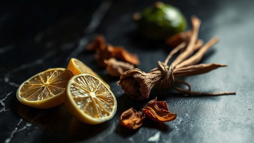 close-up still life on a dark marble surface showing raw perfume ingredients associated with a woody oriental fragrance: