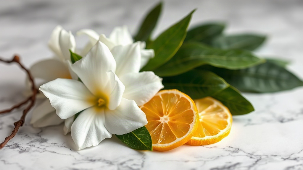 soft natural light still life of fresh gardenia and jasmine blossoms alongside bergamot citrus slices arranged on a poli