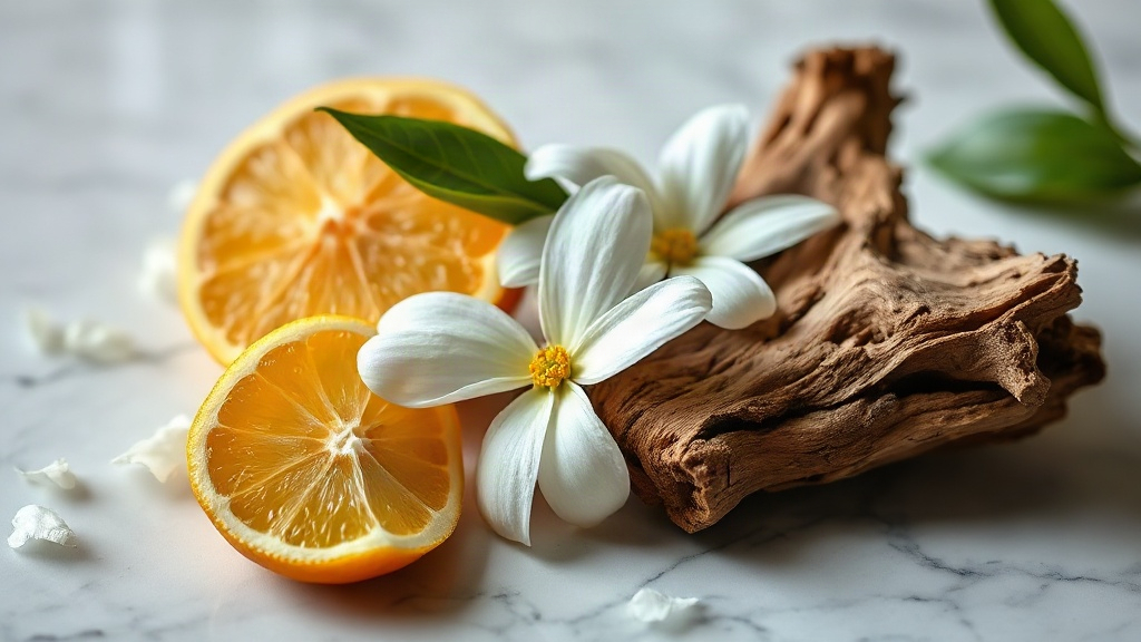 close-up of bergamot citrus fruit, fresh jasmine blossoms and a raw piece of oud wood arranged together on a polished ma