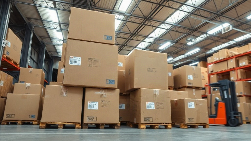warehouse interior with stacked cardboard shipping boxes on wooden pallets, a forklift pallet jack nearby, fluorescent o