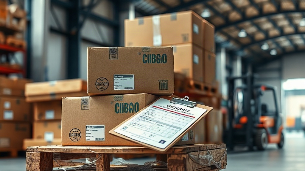 cargo shipping boxes stacked on a pallet inside a logistics warehouse, customs clearance documents and a shipping manife