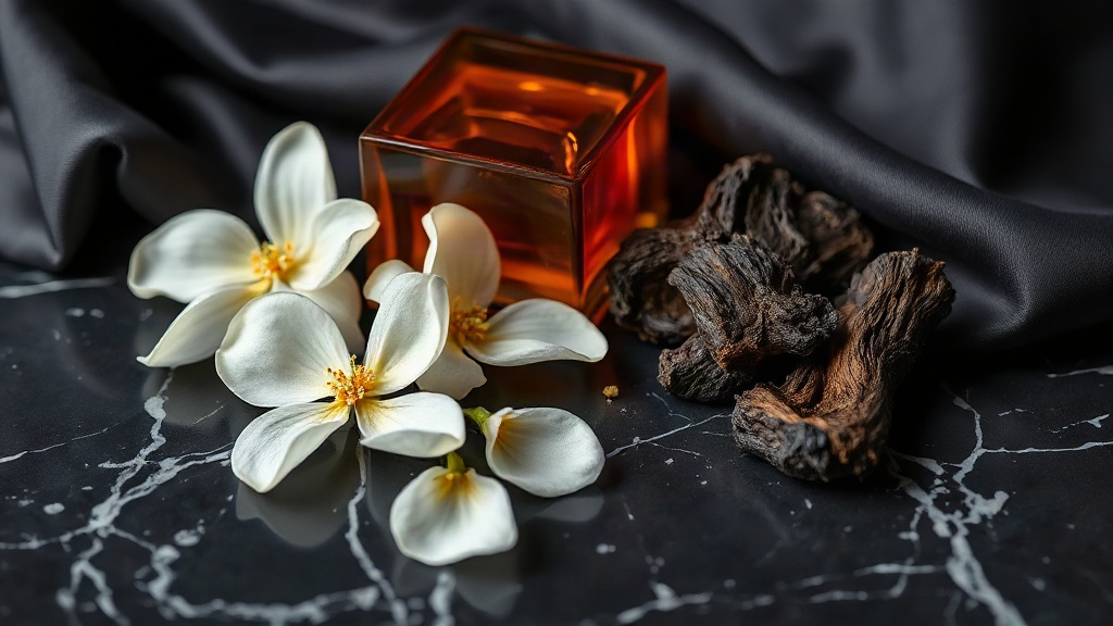 dark amber resin, black silk fabric folds, white jasmine blossoms and a dark oud wood chunk arranged on a polished black