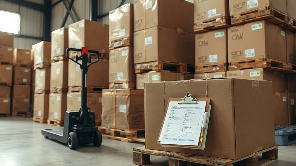 a warehouse logistics scene with neatly stacked branded cardboard shipping cartons on wooden pallets, a pallet jack near
